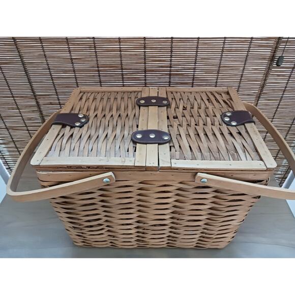 Vintage Leather Strap Split Lid Double Handle Woven Wicker Large Picnic Basket main image 4